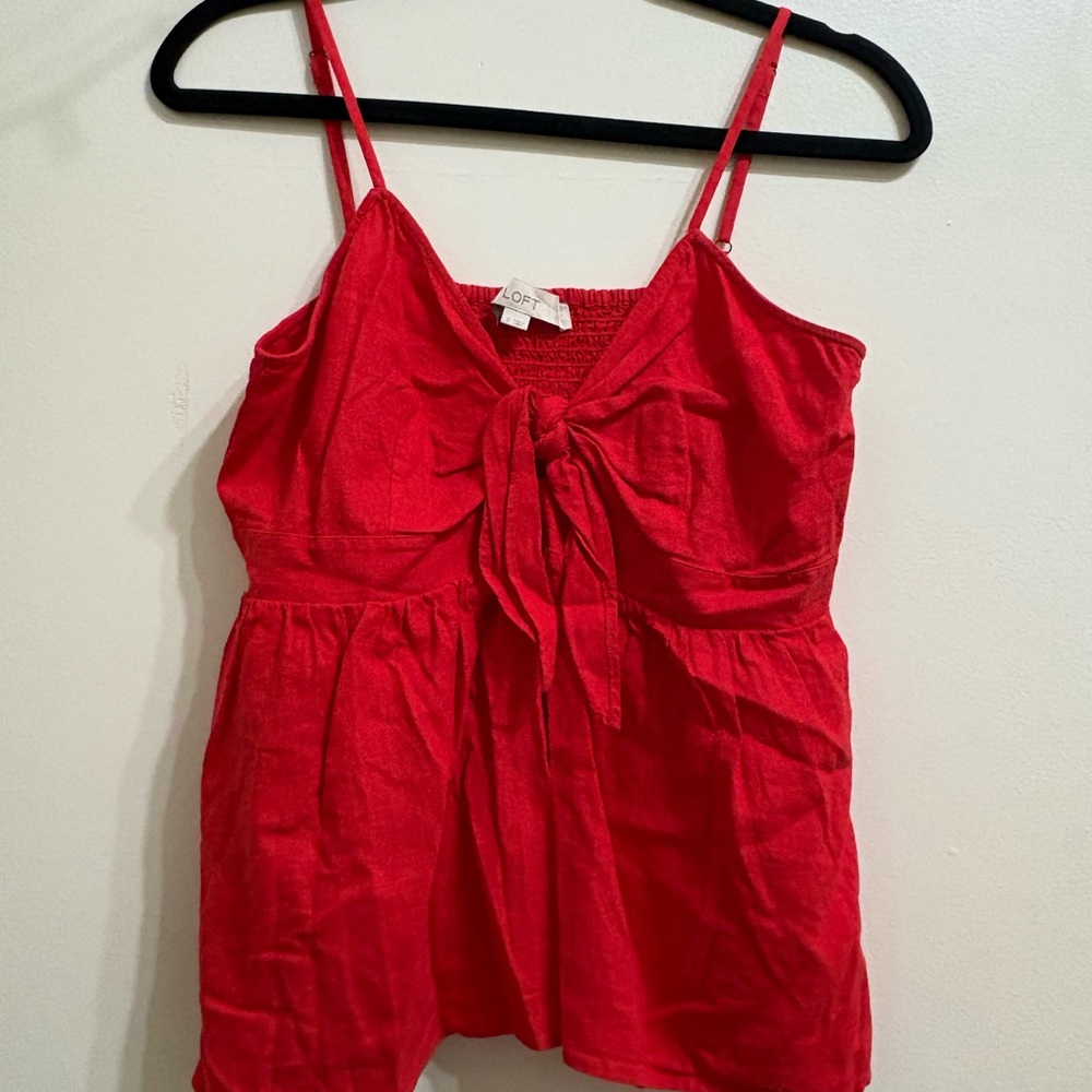 Loft red linen tie-front tank